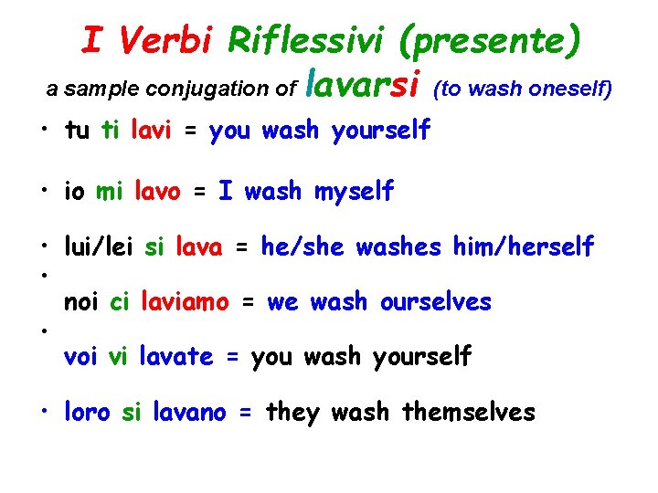 I Verbi Riflessivi (presente) a sample conjugation of lavarsi (to wash oneself) • tu