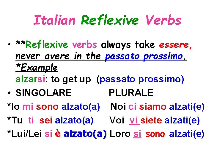 Italian Reflexive Verbs • **Reflexive verbs always take essere, never avere in the passato