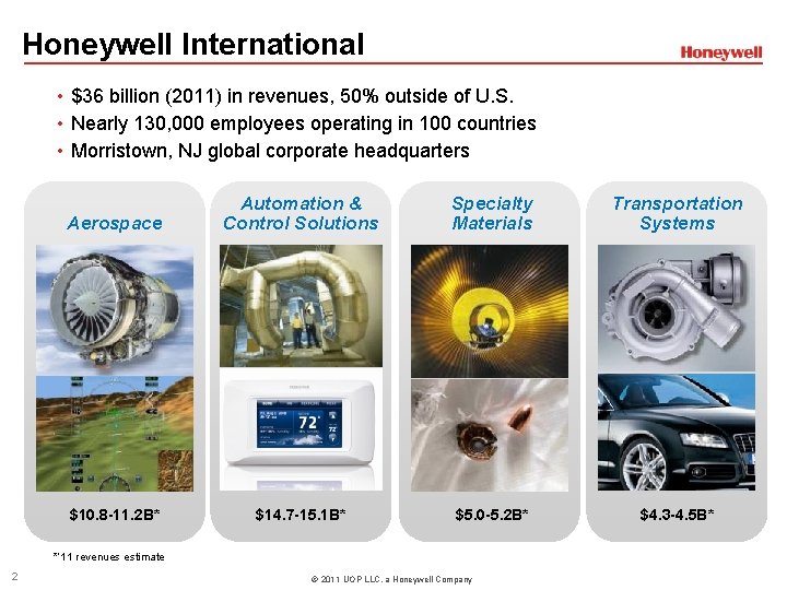 Honeywell International • $36 billion (2011) in revenues, 50% outside of U. S. •