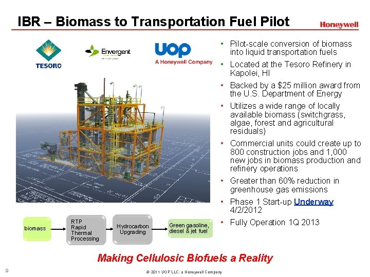 IBR – Biomass to Transportation Fuel Pilot biomass RTP Rapid Thermal Processing Hydrocarbon Upgrading