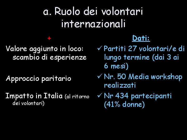 a. Ruolo dei volontari internazionali + Valore aggiunto in loco: scambio di esperienze Approccio