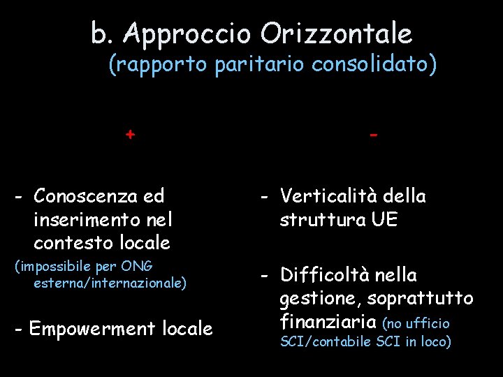 b. Approccio Orizzontale (rapporto paritario consolidato) + - - Conoscenza ed inserimento nel contesto