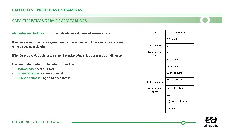CAPÍTULO 5 - PROTEÍNAS E VITAMINAS CARACTERÍSTICAS GERAIS DAS VITAMINAS Alimentos reguladores: controlam atividades