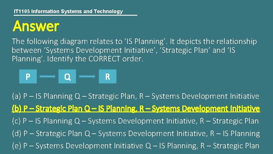 IT 1105 Information Systems and Technology Answer The following diagram relates to ‘IS Planning’.