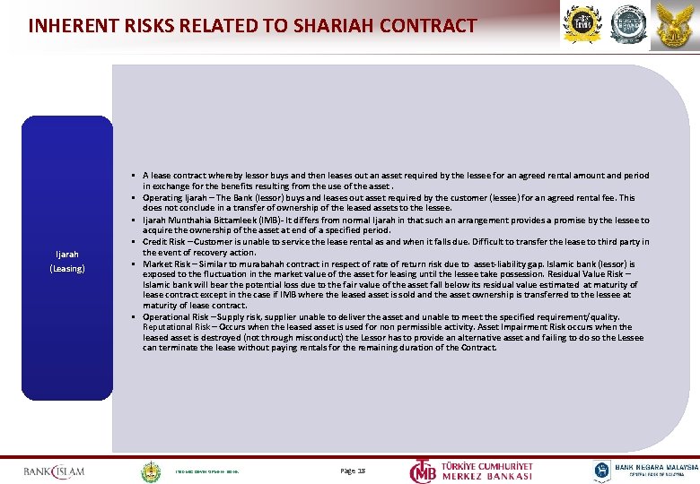 INHERENT RISKS RELATED TO SHARIAH CONTRACT Ijarah (Leasing) • A lease contract whereby lessor
