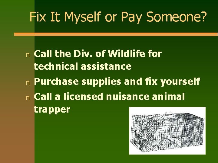 Fix It Myself or Pay Someone? n Call the Div. of Wildlife for technical