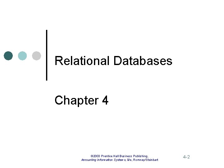 Relational Databases Chapter 4 © 2003 Prentice Hall Business Publishing, Accounting Information Systems, 9/e,