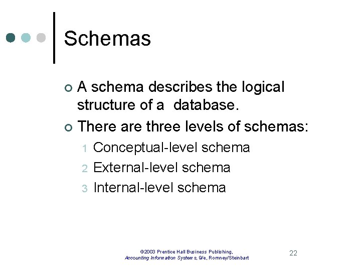 Schemas A schema describes the logical structure of a database. ¢ There are three