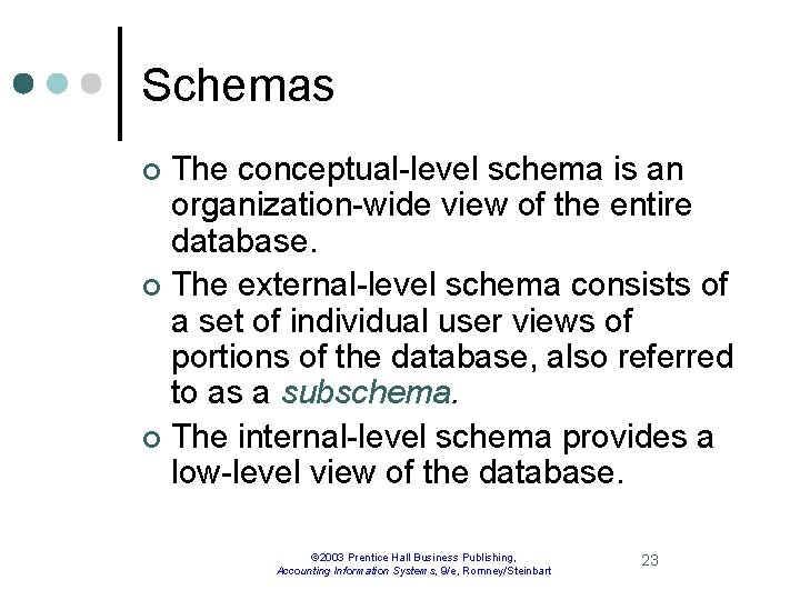 Schemas The conceptual-level schema is an organization-wide view of the entire database. ¢ The
