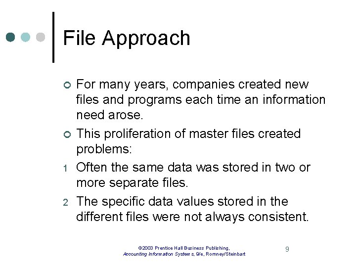 File Approach ¢ ¢ 1 2 For many years, companies created new files and