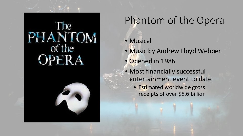 Phantom of the Opera • Musical • Music by Andrew Lloyd Webber • Opened