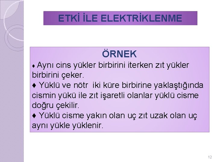 ETKİ İLE ELEKTRİKLENME ÖRNEK ♦ Aynı cins yükler birbirini iterken zıt yükler birbirini çeker.