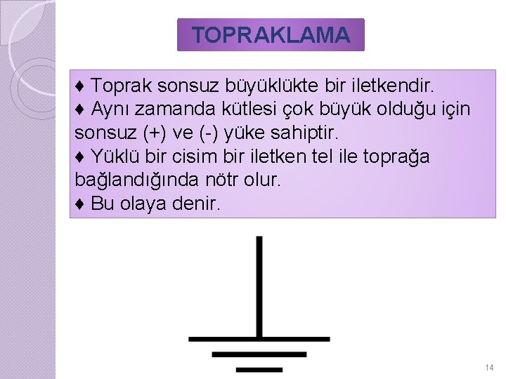 TOPRAKLAMA ♦ Toprak sonsuz büyüklükte bir iletkendir. ♦ Aynı zamanda kütlesi çok büyük olduğu