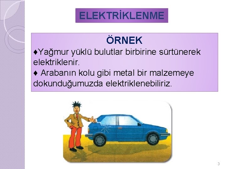 ELEKTRİKLENME ÖRNEK ♦Yağmur yüklü bulutlar birbirine sürtünerek elektriklenir. ♦ Arabanın kolu gibi metal bir