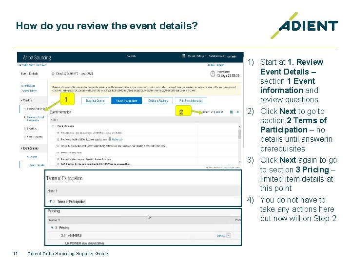 How do you review the event details? 1 2 11 Adient Ariba Sourcing Supplier