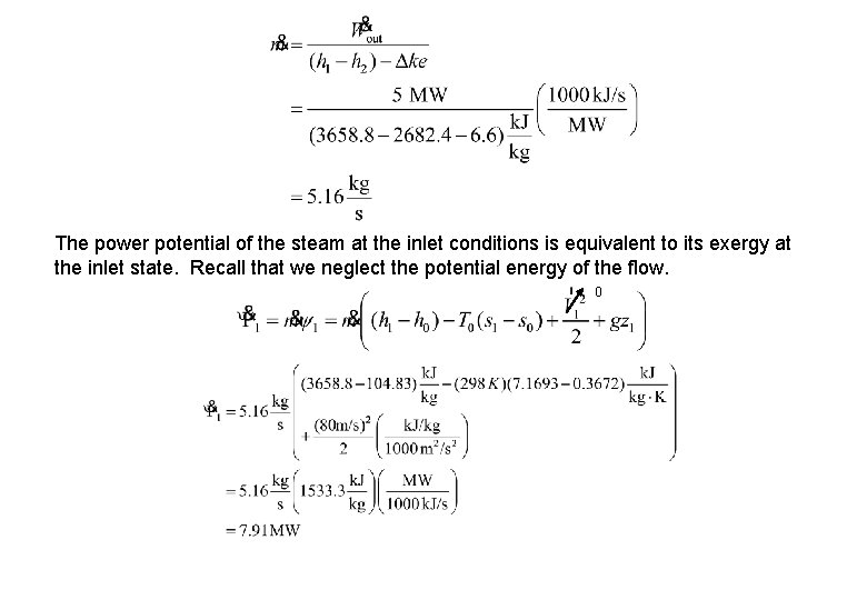 The power potential of the steam at the inlet conditions is equivalent to its