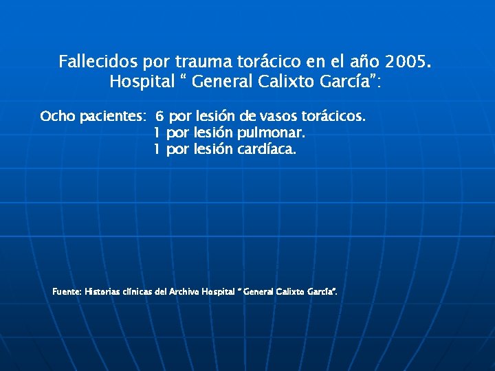 Fallecidos por trauma torácico en el año 2005. Hospital “ General Calixto García”: Ocho