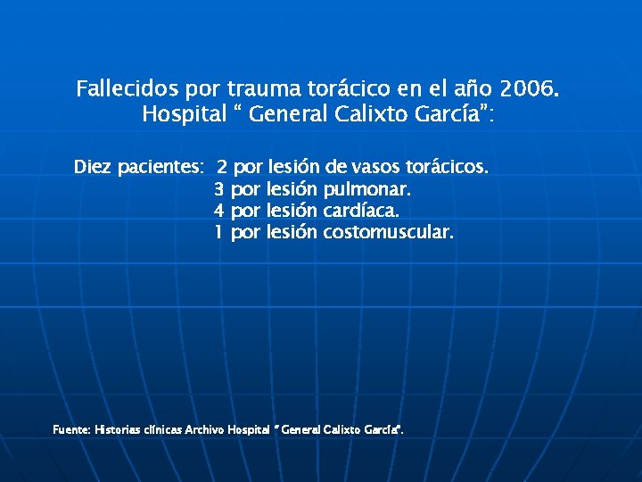Fallecidos por trauma torácico en el año 2006. Hospital “ General Calixto García”: Diez