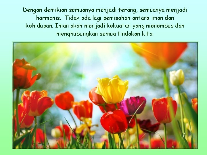 Dengan demikian semuanya menjadi terang, semuanya menjadi harmonis. Tidak ada lagi pemisahan antara iman