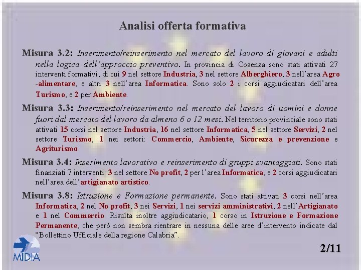 Analisi offerta formativa Misura 3. 2: Inserimento/reinserimento nel mercato del lavoro di giovani e