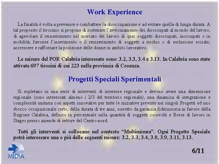 Work Experience La finalità è volta a prevenire e combattere la disoccupazione e ad