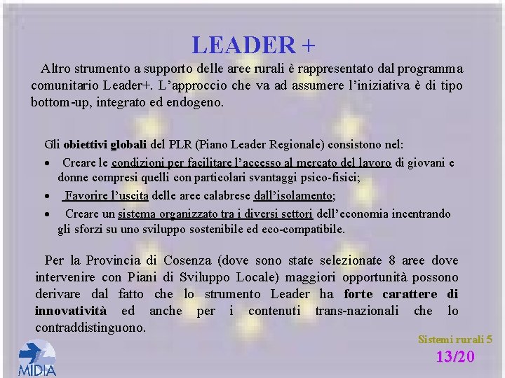 LEADER + Altro strumento a supporto delle aree rurali è rappresentato dal programma comunitario