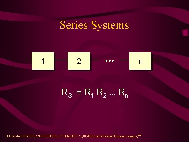 Series Systems 1 2 n RS = R 1 R 2. . . Rn