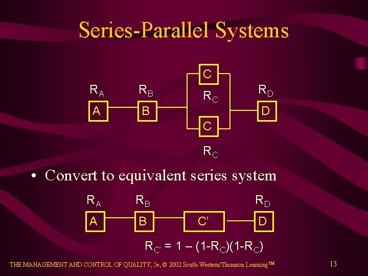 Series-Parallel Systems C RA RB A B RC RD D C RC • Convert