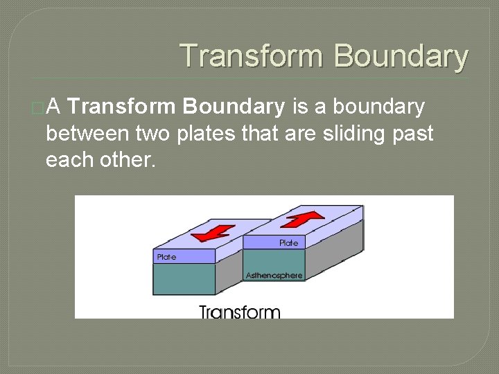 Transform Boundary �A Transform Boundary is a boundary between two plates that are sliding