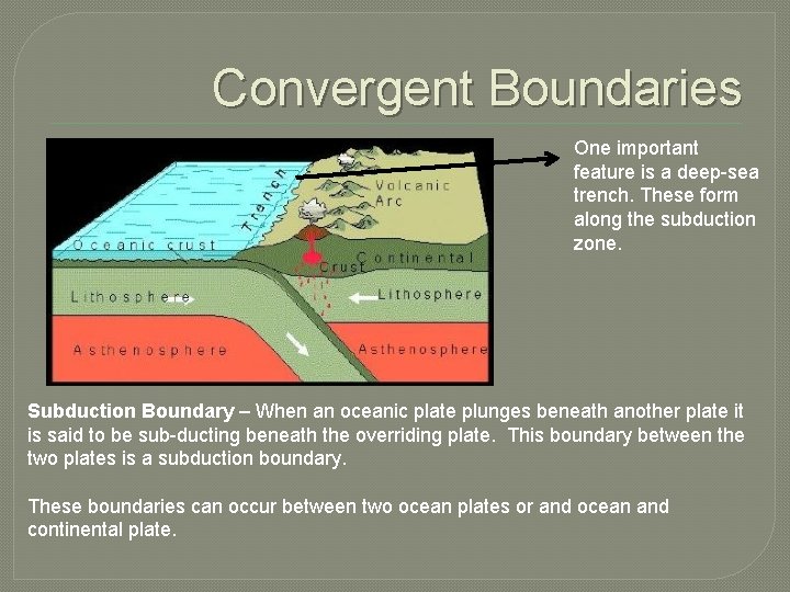 Convergent Boundaries One important feature is a deep-sea trench. These form along the subduction