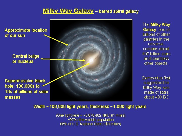 Milky Way Galaxy – barred spiral galaxy Central bulge or nucleus The Milky Way
