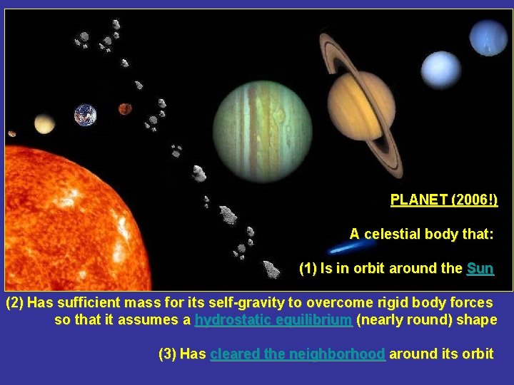 PLANET (2006!) A celestial body that: (1) Is in orbit around the Sun (2)