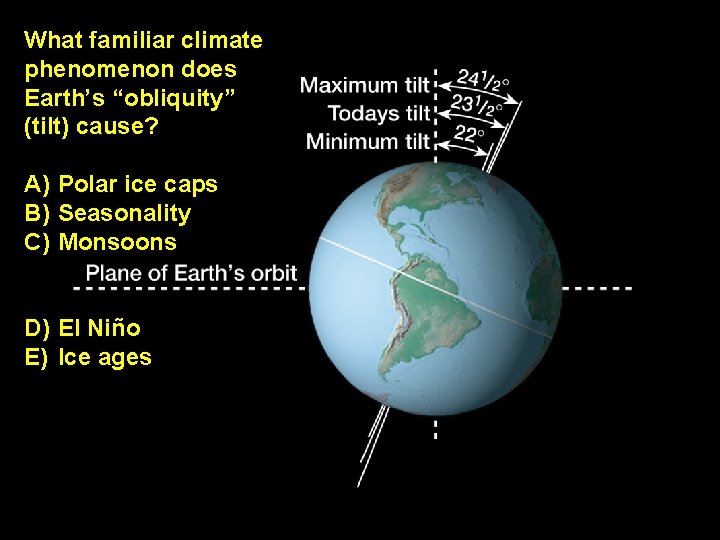 What familiar climate phenomenon does Earth’s “obliquity” (tilt) cause? A) Polar ice caps B)