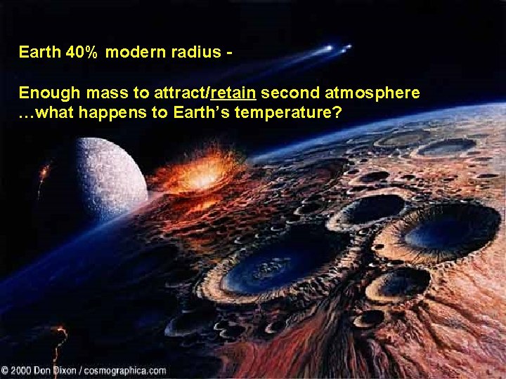 Earth 40% modern radius Enough mass to attract/retain second atmosphere …what happens to Earth’s