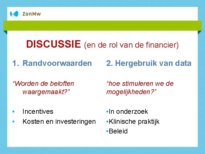 DISCUSSIE (en de rol van de financier) 1. Randvoorwaarden 2. Hergebruik van data “Worden