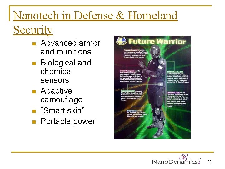 Nanotech in Defense & Homeland Security n n n Advanced armor and munitions Biological