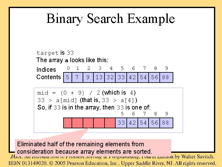 Binary Search Example target is 33 The array a looks like this: 0 1