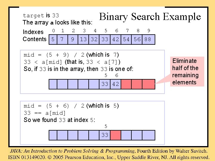 Binary Search Example target is 33 The array a looks like this: Indexes 0