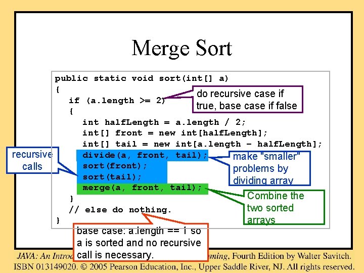 Merge Sort public static void sort(int[] a) { do recursive case if if (a.