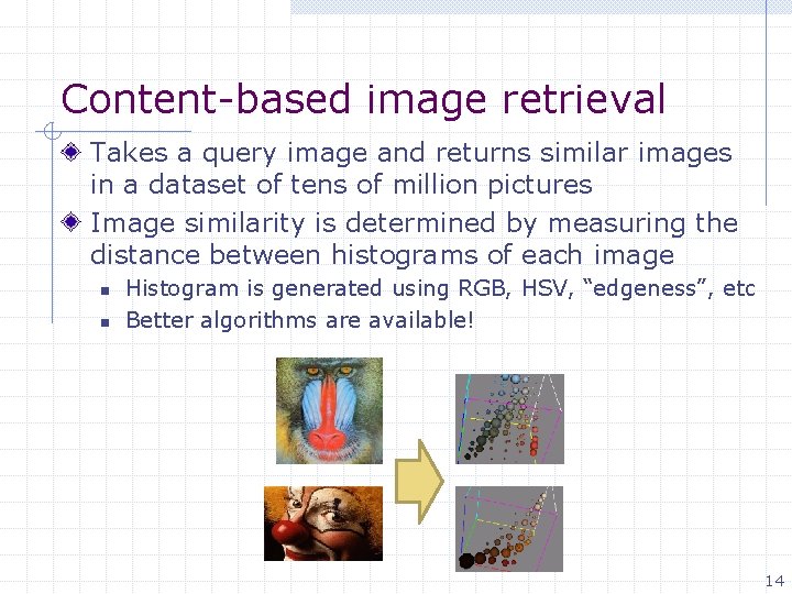 Content-based image retrieval Takes a query image and returns similar images in a dataset