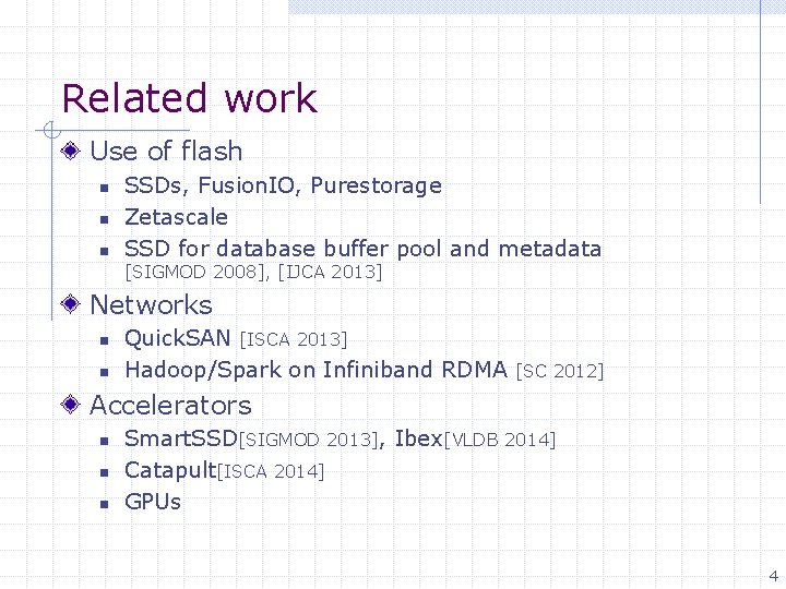 Related work Use of flash n n n SSDs, Fusion. IO, Purestorage Zetascale SSD