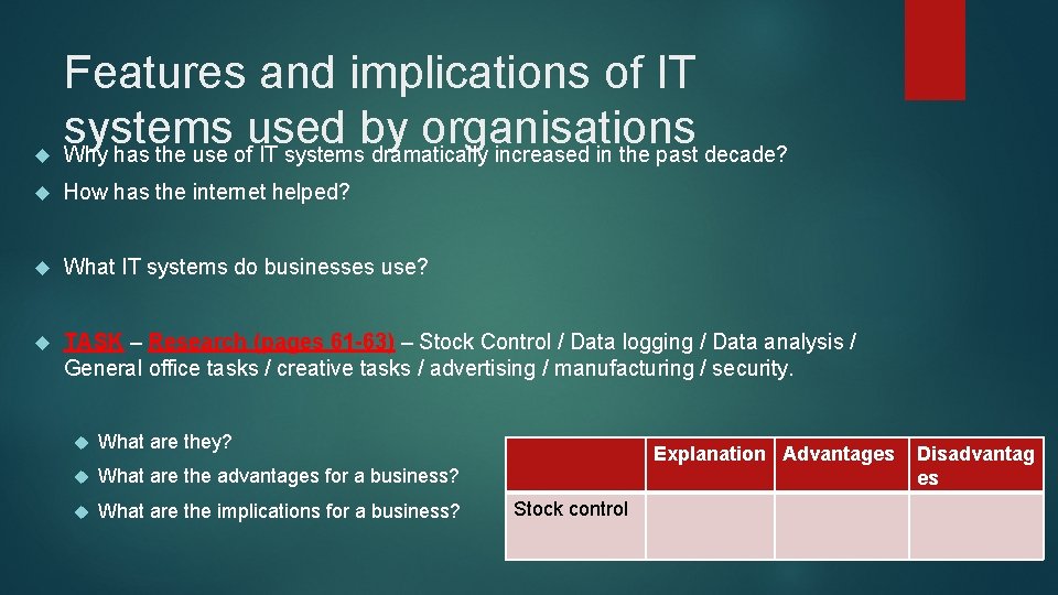  Features and implications of IT systems used by organisations Why has the use