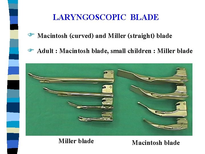 LARYNGOSCOPIC BLADE F Macintosh (curved) and Miller (straight) blade F Adult : Macintosh blade,
