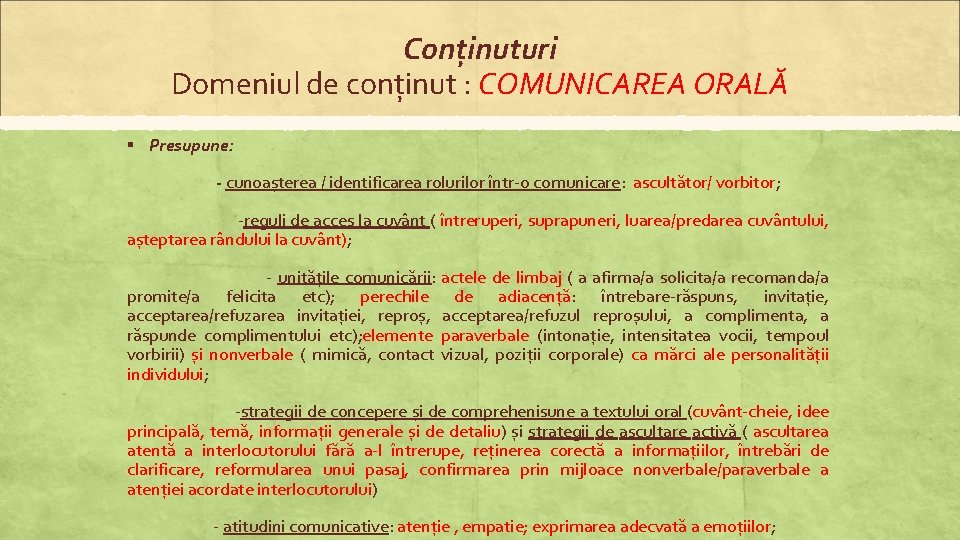 Conținuturi Domeniul de conținut : COMUNICAREA ORALĂ § Presupune: - cunoașterea / identificarea rolurilor