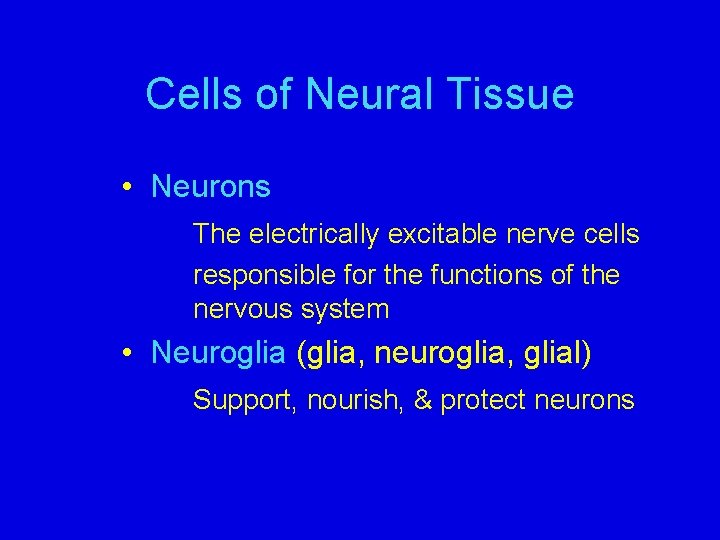 Cells of Neural Tissue • Neurons The electrically excitable nerve cells responsible for the