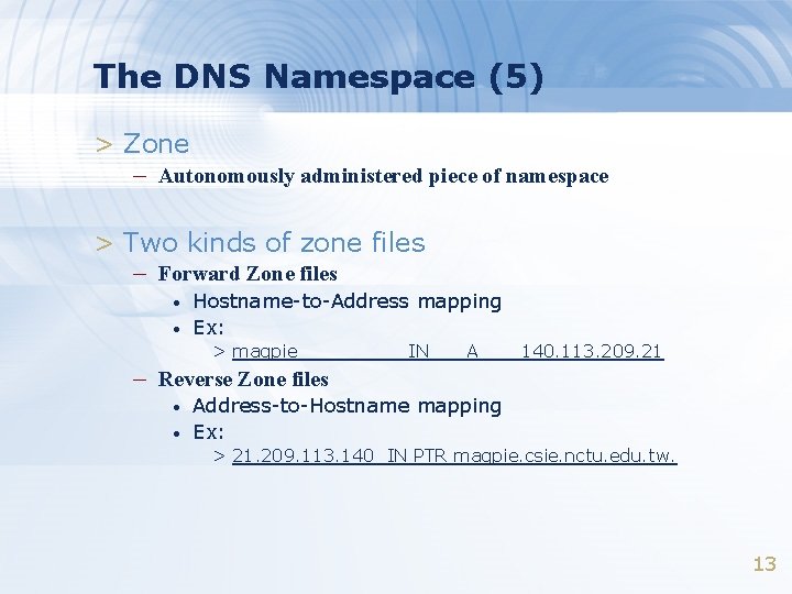 The DNS Namespace (5) > Zone – Autonomously administered piece of namespace > Two