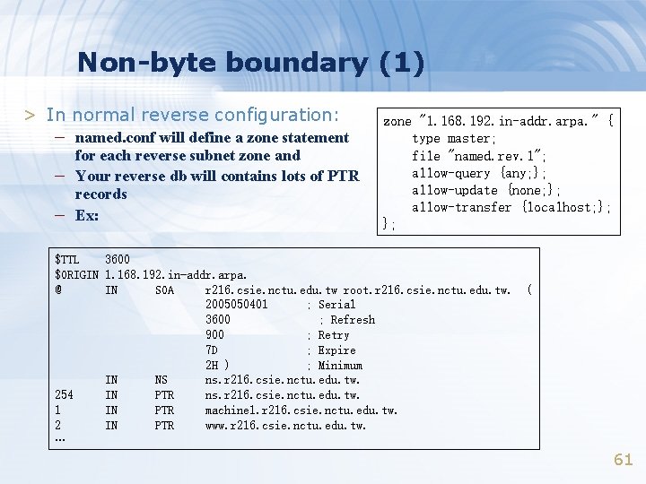Non-byte boundary (1) > In normal reverse configuration: – named. conf will define a