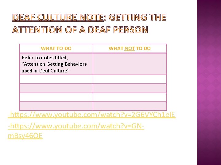 WHAT TO DO WHAT NOT TO DO Refer to notes titled, “Attention Getting Behaviors