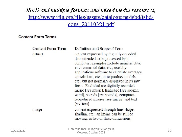 ISBD and multiple formats and mixed media resources, http: //www. ifla. org/files/assets/cataloguing/isbdcons_20110321. pdf 21/11/2020