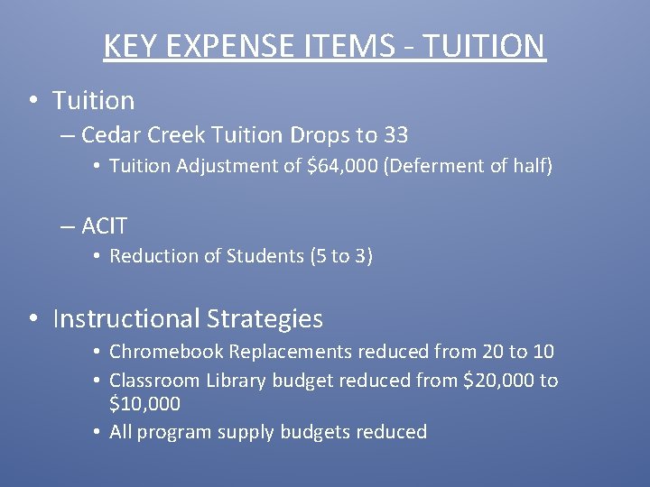 KEY EXPENSE ITEMS - TUITION • Tuition – Cedar Creek Tuition Drops to 33